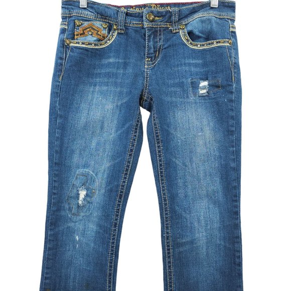 Antique Rivet Jeans BootCut Western Low Rise Sz 29 Rhinestone Stretch Distressed - Picture 9 of 14